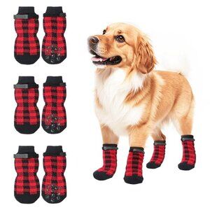 Anti-Slip Dog Socks for Large Dogs - Winter Boots for Cold Weather - Red & Black
